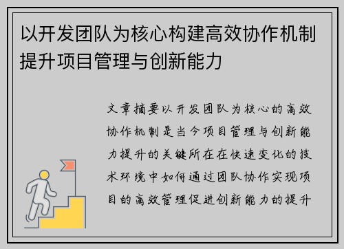 以开发团队为核心构建高效协作机制提升项目管理与创新能力