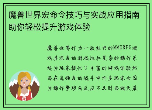 魔兽世界宏命令技巧与实战应用指南助你轻松提升游戏体验